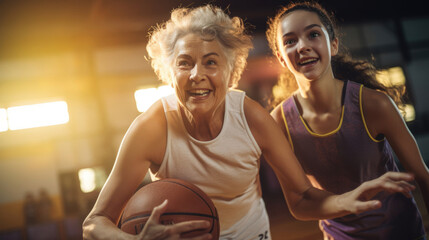 An elderly woman and teenager participating in a friendly basketball game,  fostering connections