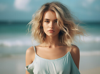 Naklejka premium Beautiful blond woman wearing sunglasses on the beach