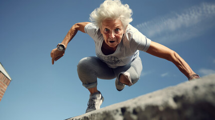 A senior woman showcasing her agility in parkour,  proving age is no limit