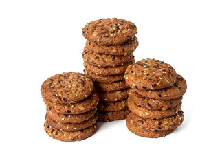 Oatmeal cookies stacked on a white background