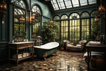 low angle perspective of  vintage interior of bathroom