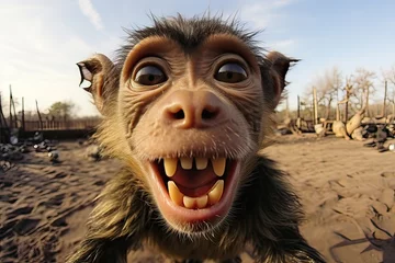 Fotobehang funny Chimpanzee making selfie looking at the gopro camera © Phimchanok