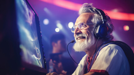 A senior man participating in a video game tournament,  immersed in friendly competition
