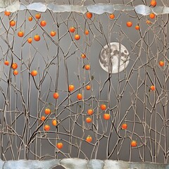 Landscape with moon and persimmon fruit
