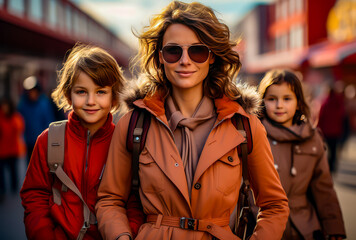 a mother with her two children, photo in street