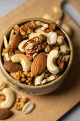 Mix of nuts cashews, almonds, hazelnuts in a small bowl.