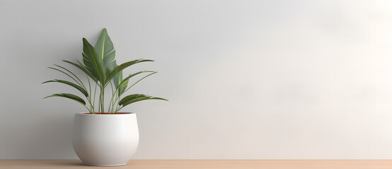 White flower pot with exotic green plant near empty wall minimalist background