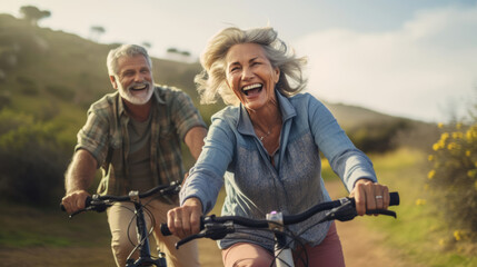 An older couple joyfully riding bicycles, embracing the spirit of exploration