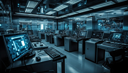 Modern computer equipment illuminates the futuristic laboratory with monochrome lighting generated by AI