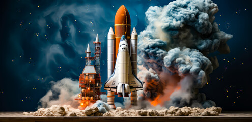 a rocket made of chalk on a table is about to be launched, model, - obrazy, fototapety, plakaty