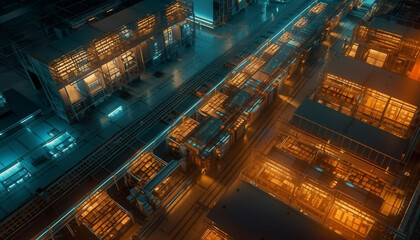 Fototapeta na wymiar Nighttime construction site illuminates modern city skyline with steel machinery generated by AI