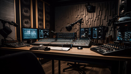 Nightclub performance with modern lighting, sound equipment and computer broadcasting generated by AI