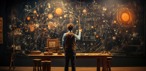 a physicist teacher art using physics on a table with mountains, blackboard, planets, clouds, - obrazy, fototapety, plakaty