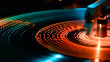Fototapeta na wymiar Nightclub steel turntable spinning blue disk, glowing in abstract motion generated by AI