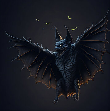 A scary looking bat is flying, isolated on black, Ideal for Halloween, horror projects.