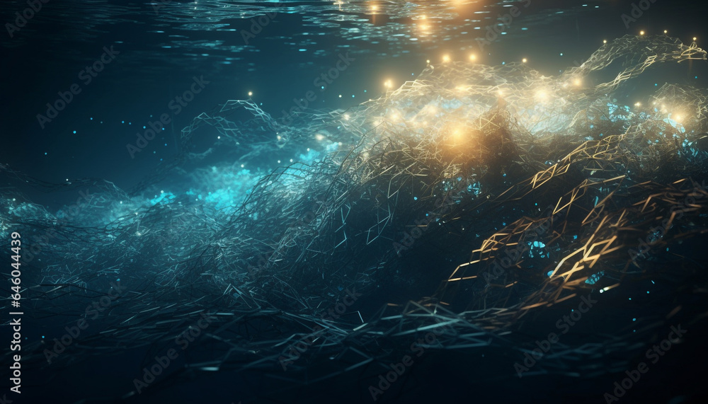 Poster deep blue underwater sea life illuminated by multi colored abstract patterns generated by ai