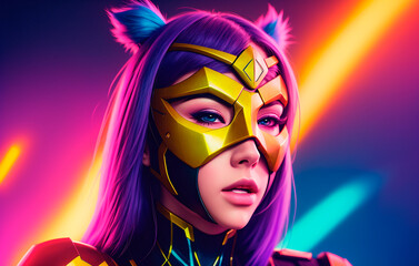 Portrait of a handsome young woman in superhero costume and wearing a mask