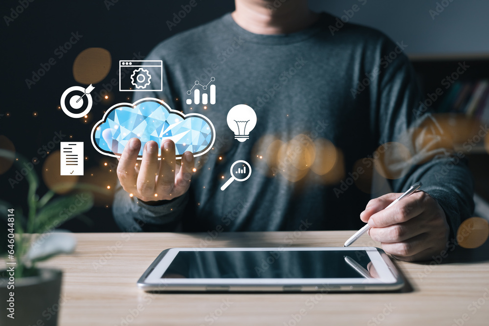 Poster man hold cloud computing diagram show on hand, plan and management commerce online digital marketpla