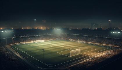 Bright floodlit soccer field with green turf and empty bleachers generated by AI