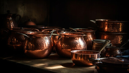 Rustic terracotta pottery collection, indigenous culture antiquities still life decoration generated by AI