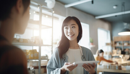 Young women in casual clothing working with digital tablet indoors generated by AI