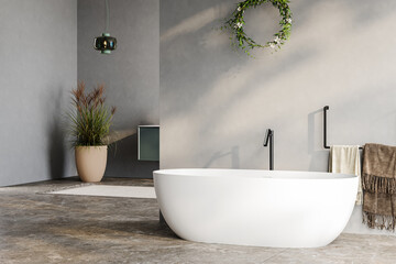 3D rendering of a modern bathroom with gray walls, white bathtub, green vanity, black mirror, sink, terrazzo floor, and a view of the pool and sea from the window