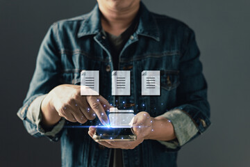 man touch screen to manage data,Document Management System (DMS),knowledge and documentation in enterprise with ERP.online documentation database and process automation to efficiently manage files.