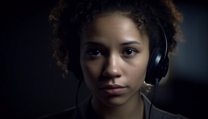 Smiling young woman with curly brown hair listening to headphones generated by AI