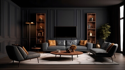 living room with modern interior design for home against the background of a dark classic wall