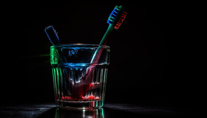 Fresh blue drink in glass on clean black background reflects hygiene generated by AI