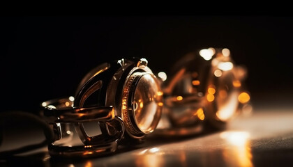 Shiny gold ring on black background symbolizes love and romance generated by AI