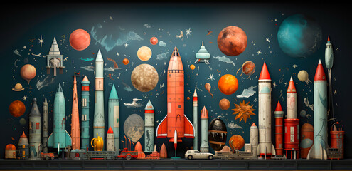 lots of toy rockets arranged on a wall, with ships and planets