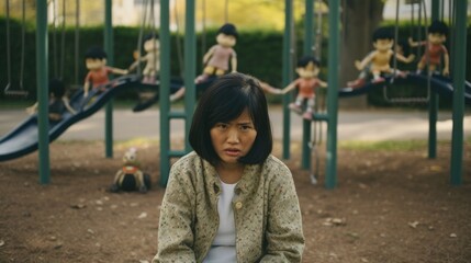 Obraz premium In suburban park, mother of East Asian descent watches children play from distance. eyes reveal burden of social anxiety linked to stigma attached to immigrant status. She finds solace in childrens