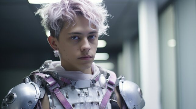 In scientific lab, young nonbinary individual dons armor of resilience against stigma associated with their ual identity. Their disheveled appearance reflects their internal conflict, ongoing