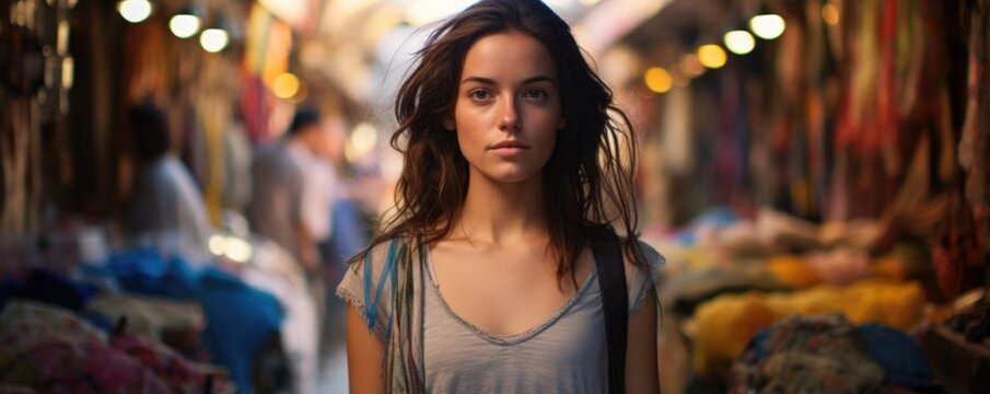 young Mediterranean woman in spirited marketplace seems physically present but emotionally distant. Surrounded by loud chatter and vibrant colors, apparent disengagement captures idea
