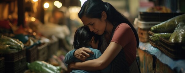 Filipina woman in middle age comforts upset child in busy market using soothing rhythmic movements. Neurocognitive theories explain automatic action body memory stored through repetition
