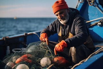 Portrait of Caucasian sailor with nets in boat