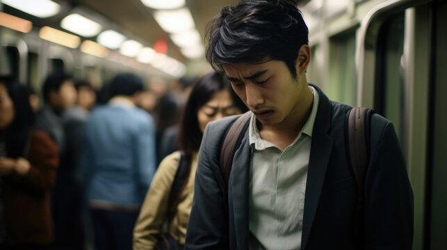 young Asian adult male stands in bustling  subway station. crowds surge around him, he experiences rush of anxiety, body reacting to sensory overload. It instance of traumatic recall,