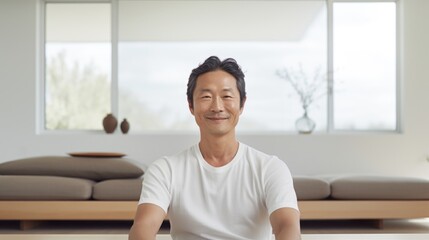 In modern, minimalist living room, middleaged Asian man meditates. Despite peaceful surroundings, furrowed brows and tight lips signal inner discontent. Behind closed lids, he grapples with