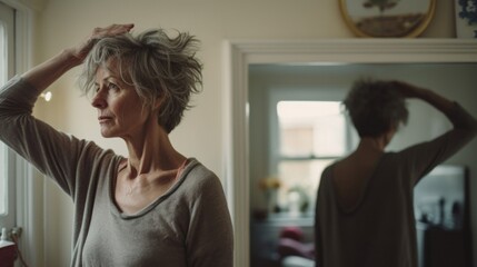 Fototapeta premium Standing in front of mirror, greyish strands dancing across forehead, Caucasian female inspects reflection in small apartment nestled within s heart. Shes grappling with inevitable midlife