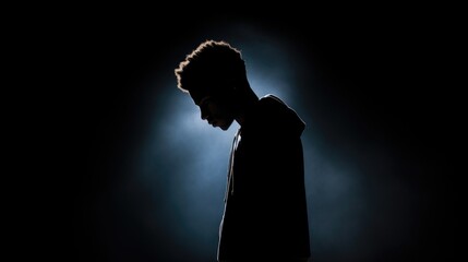 On minimalist stage, silhouetted by spotlight, stands African American teenager. fatigue visible in body, shoulders hanging low, empty expression. acting dream has led to anxiety disorders