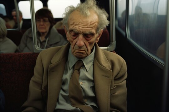 Enped by despairing solitude of overcrowded bus, weathered elderly man remains fixated on vacant seat next to him. eyes welled up with visible sadness akin to symptoms of chronic loneliness,