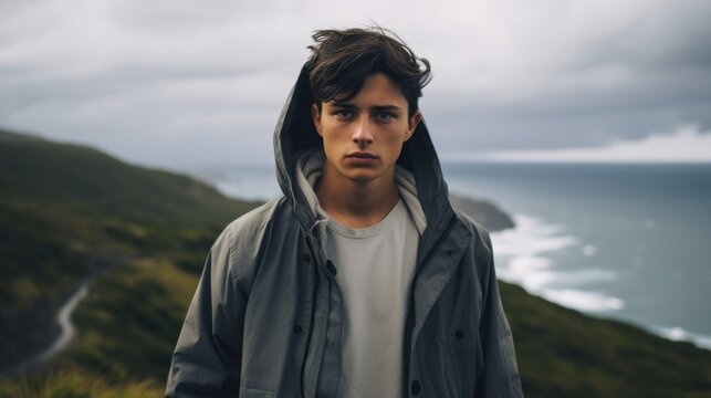 Indigenous Australian teenager stands at edge of cliff, overlooking vast ocean. facial expression seems to display sense of selfdoubt and anxiety, possibly experiencing fear of success, causing