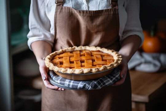 Pumpkin pie. Woman holding a tart, rustic lifestyle. Soft focus. 