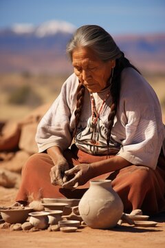 Native American woman sitting in calm desert landscape goes through menopausal transition, kneading clay to imbibe emotions into pottery. she contours shapeless clay addressing temperamental