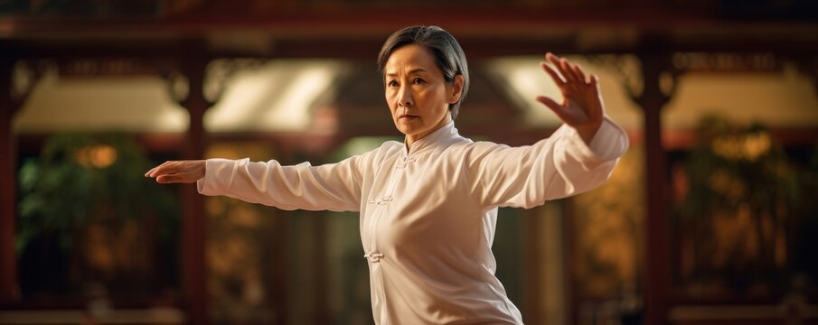 Asian woman, in prime, appearing vigorous despite advancing years, seen engaged in Tai Chi. pursed lips and focused eyes reflect attainment of selfefficacy. Psychologists might identify this