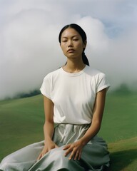 Perched on hill overlooking verdant green fields young Asian woman wrapped in quiet contemplation. she gleans inspiration from shifting clouds, thoughts focus on exploring realm of dissociative