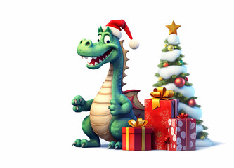 Naklejka premium Fantastic little and cute dragon in Santa's hat near Christmas gifts and New Year tree. New year 2024. ai generative