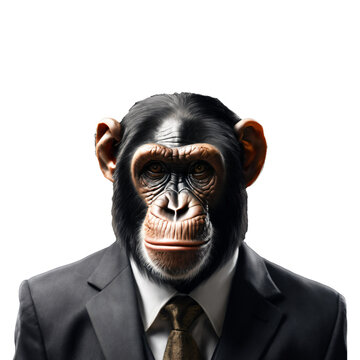 Portrait of Humanoid Anthropomorphic Chimpanzee Wearing Businessman Suit Isolated Transparent