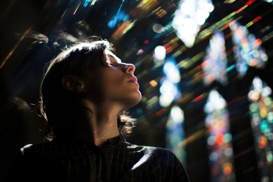 Beneath cathedrals ancient stone arches, androgynous individual of ambiguous age bathes in kaleidoscopic streams of light trating stained glass. Their study of psychology uncovers latent perceptions